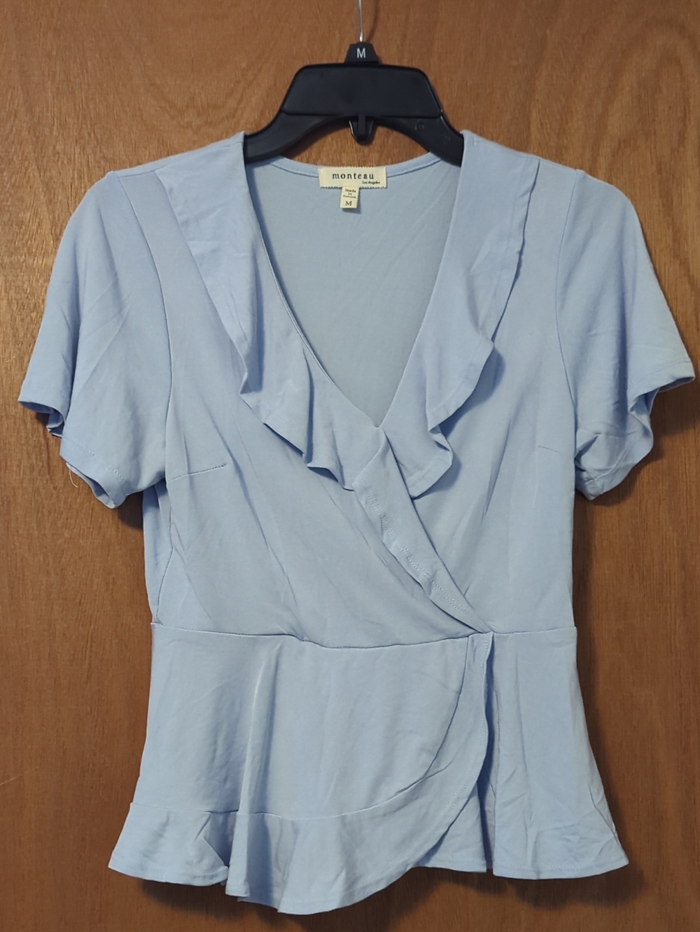 Monteau Light Blue Ruffle Wrap Peplum Blouse
